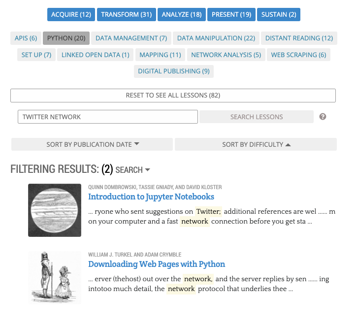 Search results displaying highlighted search terms with selected filters. Search results displaying highlighted search terms with selected filters.